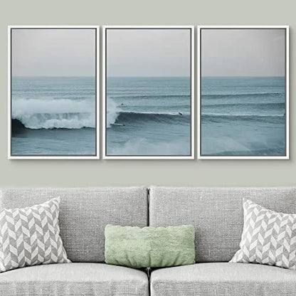 PixonSign Framed Wall Art Set Wide Angle Rushing Ocean Waves and Surfers Nature Wilderness Photography Modern Chic Scenic Modern Art for Living Room, Bedroom, Office - 24"x36"x3 White