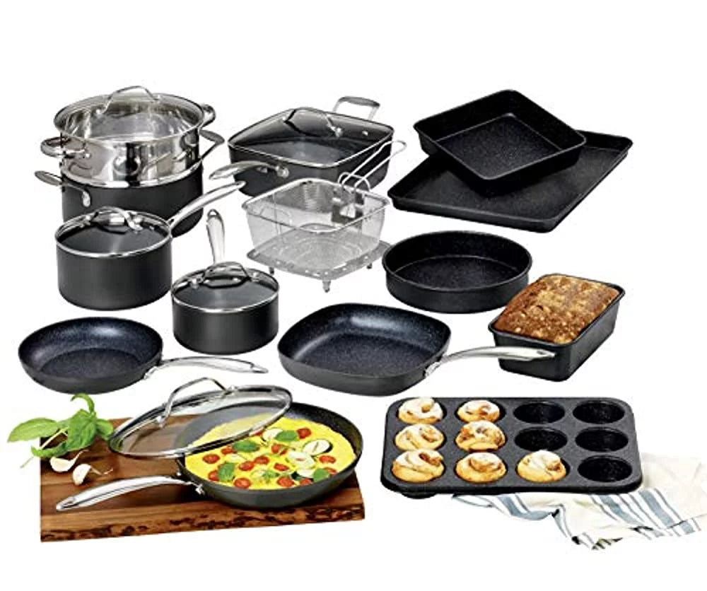 Granite Stone Hard Anodized Aluminum Ultra-Nonstick Ti-Ceramic Coating 20 Piece Cookware Set, Black, Dishwasher Safe, Oven Safe