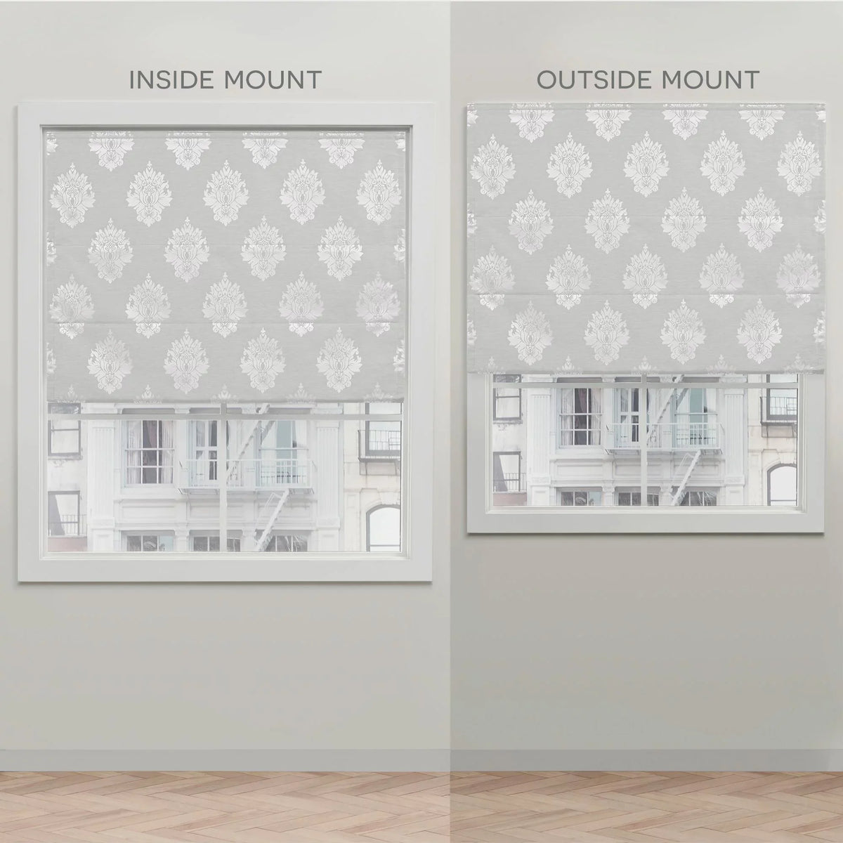 Exclusive Home Marseilles Damask 100% Blackout Roman Shade, 34"x64", Silver