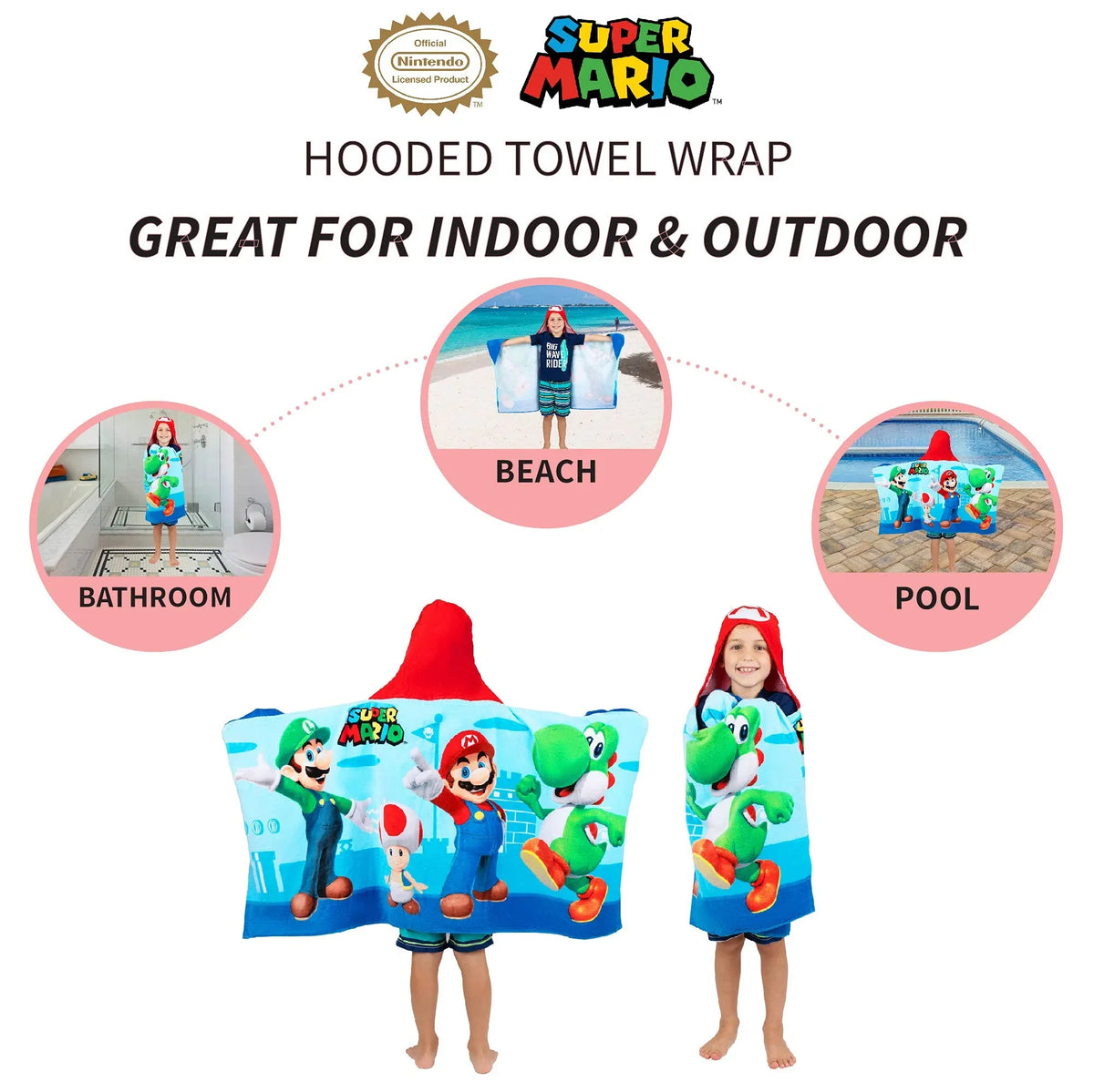 Super Mario Bath/Pool/Beach Soft Cotton Terry Hooded Towel Wrap, 24 in x 50 in, By Franco Kids