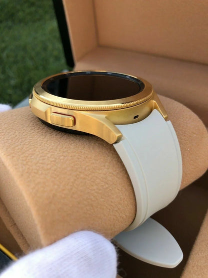 Custom 24k Gold Plated 46mm Samsung Galaxy Watch 4 Gold Bezel Gray Gold Band LTE