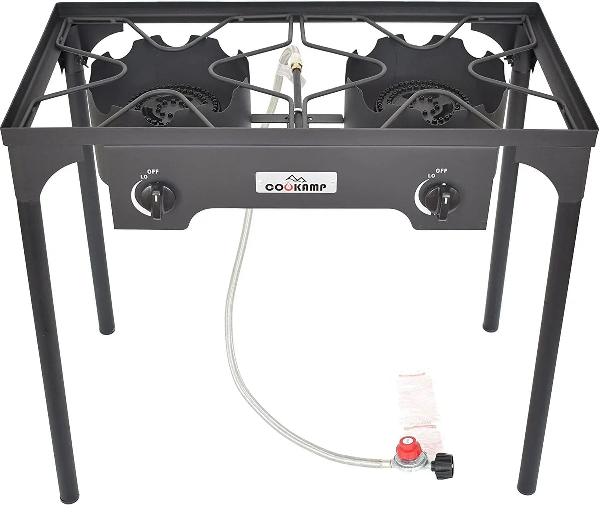 High Pressure Banjo Outdoor Camp Stove with Adjustable Height. 0-20 PSI Adjustable Regulator and Steel Braided Hose (2-Burner)