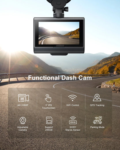 iZEEKER 4K Dash Cam Front and Rear Wi-Fi GPS, 4K+1080P Dual Dashcam, 3'' IPS Touchscreen, WDR, Night Vision, Parking Mode, G-Sensor, Black