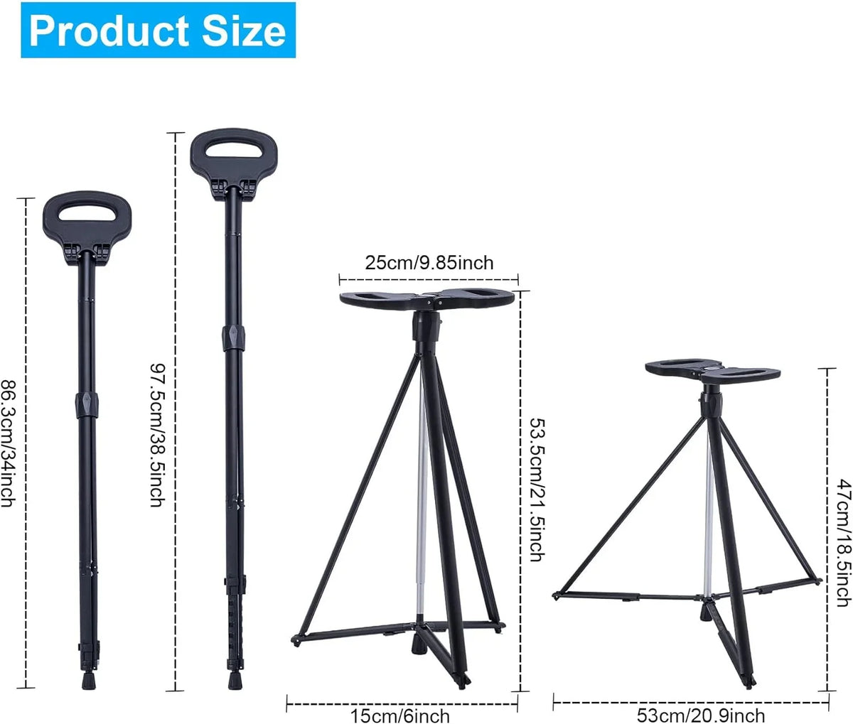 Portable Cane Saddle Folding Walking Cane for Men & Women Sturdy Tripod Cane Stool Lightweight Balancing Mobility Aid Crutch Chair with Travel Bag and 2 Base Canes for Elderly, Seniors & Handicap