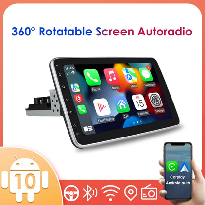 Hizpo Single 1 DIN Rotatable 10.1'' Android 10 Touch Screen With Apple Carplay& Android Auto Car Stereo Radio GPS Navigation Wifi Bluetooth