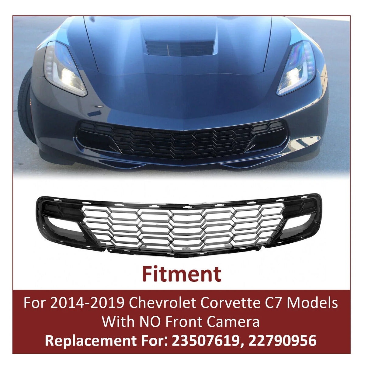 Kojem Front Lower Grille for 2014-2019 Chevrolet Corvette C7 All Models Z06 Style Bumper Cover Painted Glossy Black Plastic (W/O Front Camera Bracket)