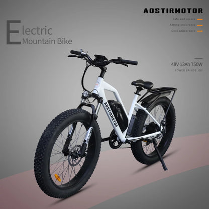 Kmowoo 26inch 750W Electric Two-wheeler Fat Tire P7 48V 13AH Removable Lithium Battery for Adults with Detachable Rear Rack Fender(White)S07-G