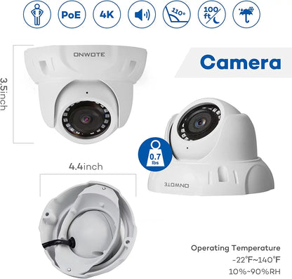 ONWOTE 8 Channel 4K Security Camera System, AI Human Detection, 8CH 4K 8MP POE NVR with 2TB HDD for 24/7 Recording, 6pcs 4K Wide Angle Outdoor Cameras Wired, 8 Channel Synchronous Playback