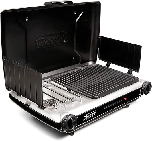 YUNWEN Classic 2-in-1 Camping Grill/Stove with 2 Adjustable Burners, Propane Grill/Stove with Push-Button Starter, Wind Guards, Grease Tray, & 20,000 BTUs of Power for Camping, Tailgating, & More