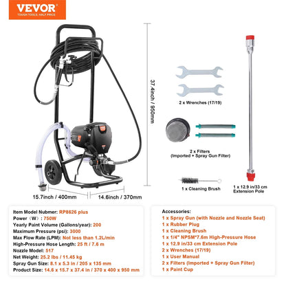 SKYSHALO Stand Airless Paint Sprayer, 750W High Efficiency Airless Stand Sprayer, 3000PSI Electric Paint Sprayer with Cleaning Kits for Painting Home Interior Exterior Walls, Ceiling, Fence, Cabinet