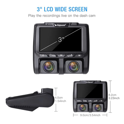 Full HD Dual Dash Cam, TOGUARD 1080P+1080P Front and Inside Car Camera Dash Cams 3" LCD Dashboard Camera Black