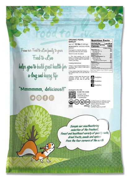 Organic Pearl Barley, 12 Pounds — Non-GMO, Kosher, Raw, Vegan — by Food to Live