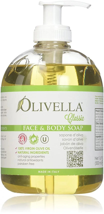 Olivella Virgin Olive Oil Face and Body Liquid Soap 16.9 oz (Pack of 3)