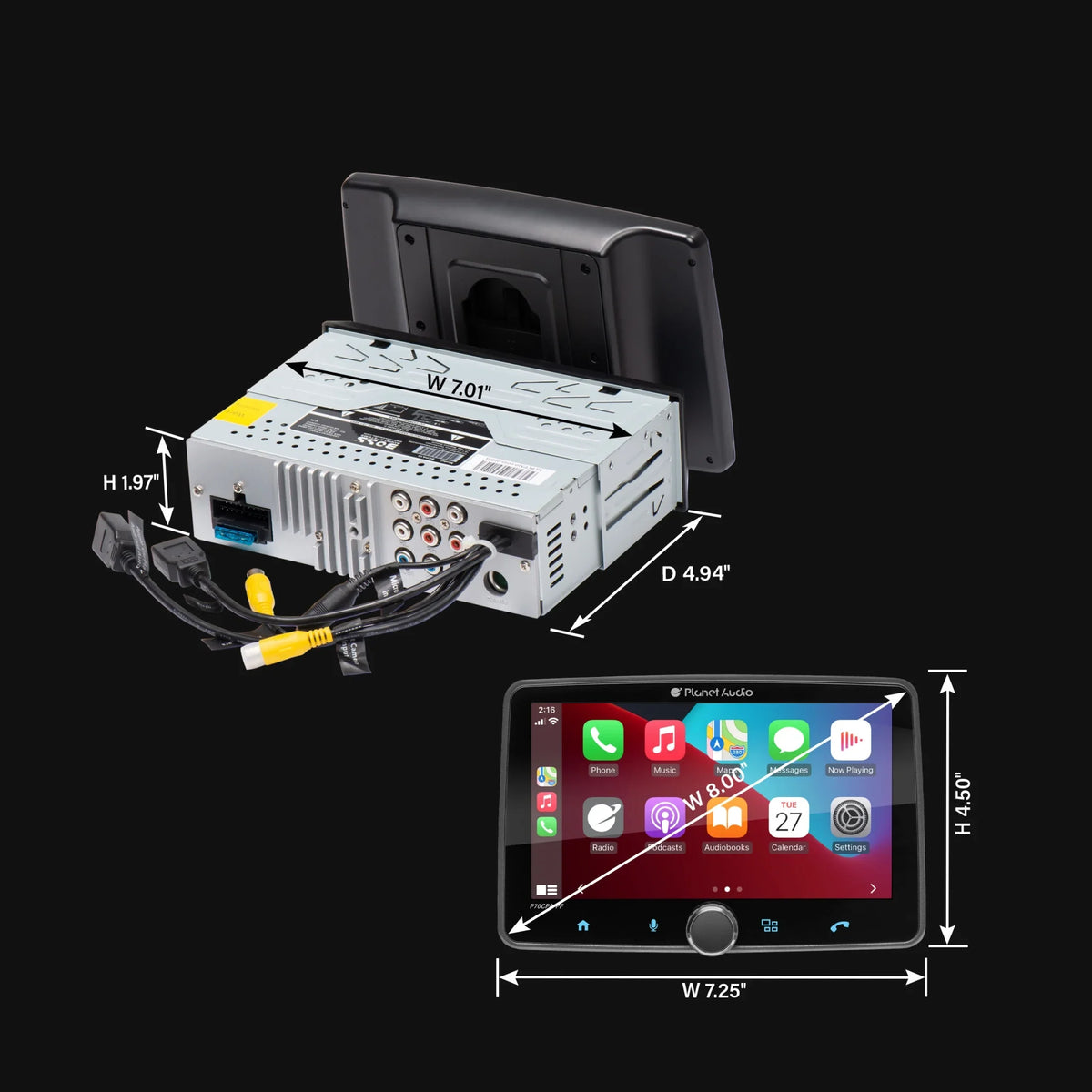 Planet Audio P70CPA-PCF Car Stereo - Apple CarPlay, Android Auto, Single Din, 7 Inch Touchscreen, Bluetooth, No CD DVD Player, AM/FM Radio Receiver, Backup Camera