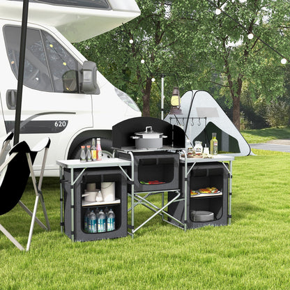 Outsunny Folding Camping Kitchen with Windshield Fabric Cupboards Black
