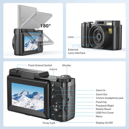 MARVUE Digital Camera 4K Vlogging Camera for YouTube 48MP 16X Digital Zoom with Macro Function & Liftable Flash, Photography Camera 3’’ 180°Flip Screen