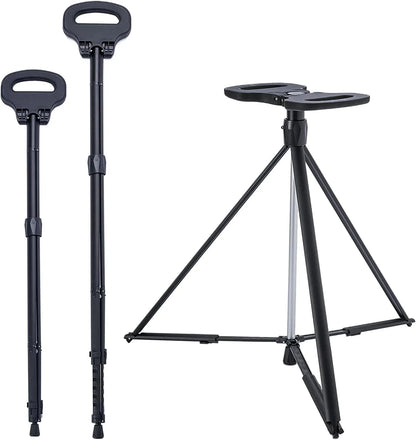 Portable Cane Saddle Folding Walking Cane for Men & Women Sturdy Tripod Cane Stool Lightweight Balancing Mobility Aid Crutch Chair with Travel Bag and 2 Base Canes for Elderly, Seniors & Handicap