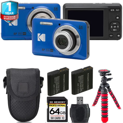 Kodak PIXPRO FZ55 Digital Camera (Blue) + Extra Battery +Tripod + 1 Yr Warranty -64GB Kit