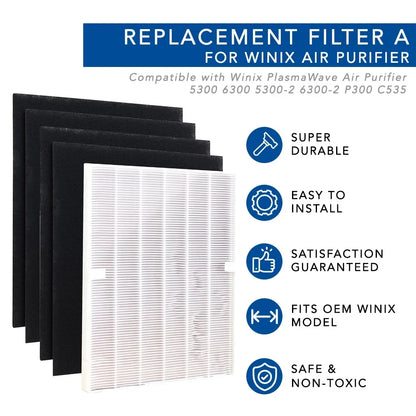 Hepa Filter for Winix 115115 Replacement Filter A for C535, 5300-2, 6300-2,P300, 5300 and 5500 (1 Set)