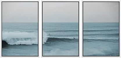 PixonSign Framed Wall Art Set Wide Angle Rushing Ocean Waves and Surfers Nature Wilderness Photography Modern Chic Scenic Modern Art for Living Room, Bedroom, Office - 24"x36"x3 White