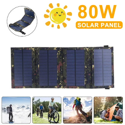 JLLOM Outdoor 80W USB Solar Panel Folding Power Bank Camping Hiking Phone Charger