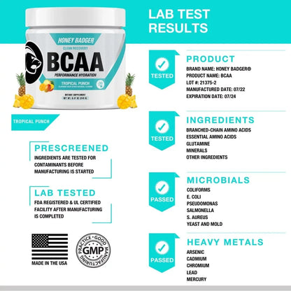 Honey Badger BCAA Amino Acids Electrolytes Powder, Keto, Vegan, Sugar Free BCAAs + EAA with L-Glutamine For Men & Women, Hydration & Post Workout Muscle Recovery Drink Mix, Tropical Punch, 30 Servings