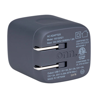 onn. GAN 67W Laptop Charger with 1 USB-C Port, Compatible for Apple,Dell,HP,Asus,Acer,Lenovo,Grey