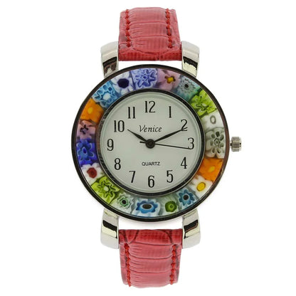 GlassOfVenice Serena Murano Millefiori Watch With Leather Band - Red