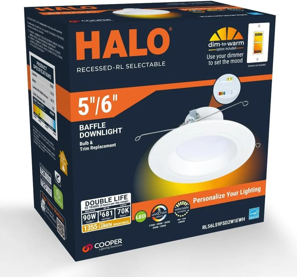 HALO RL Series 5/6 inch Recessed LED Light Retrofit Ceiling & Shower Downlight, Selectable CCT and Selectable Lumens, Dim to Warm, Matte White Retrofit Baffle Trim, 900/1200 Lumens