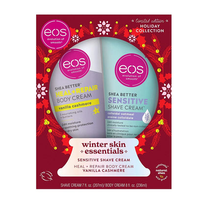eos Vanilla Cashmere Holiday Collection Winter Skin Essentials, 2 Pcs Shea Butter Sensitive Skin Shave Cream (7oz) & Shea Butter Heal/Repair Body Cream (8oz)
