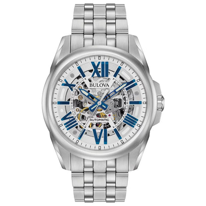Bulova Men's Automatic Silver Skeleton Dial Stainless Steel Bracelet Watch 96A187