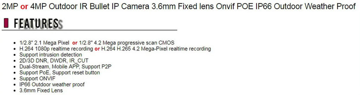 CCTV Eyemax 2MP Outdoor IR Bullet IP Security Camera 3.6mm Fixed lens Onvif POE IP66 Outdoor Weather Proof
