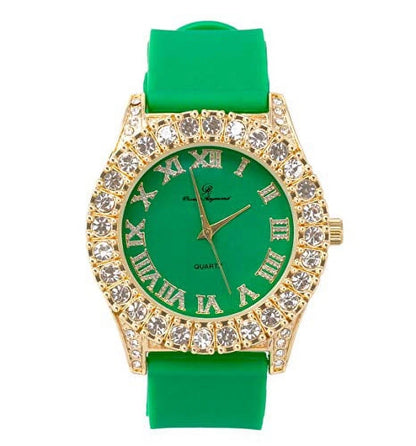 Mens Silver Big Rocks with Roman Numerals Fully Iced Out Colorful Dial Watch - ST10327 RN Single (ST10357 Gold Green)