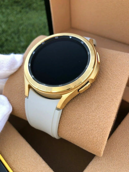 Custom 24k Gold Plated 46mm Samsung Galaxy Watch 4 Gold Bezel Gray Gold Band LTE