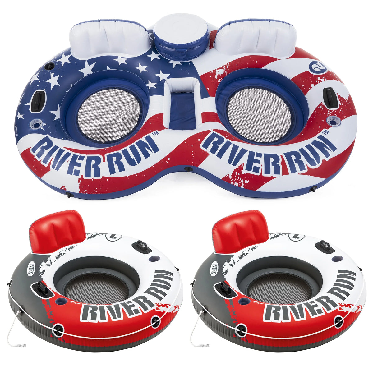 Intex American Flag 2 Person Float w/ River Run 53 Inch Tube, Red (2 Pack)