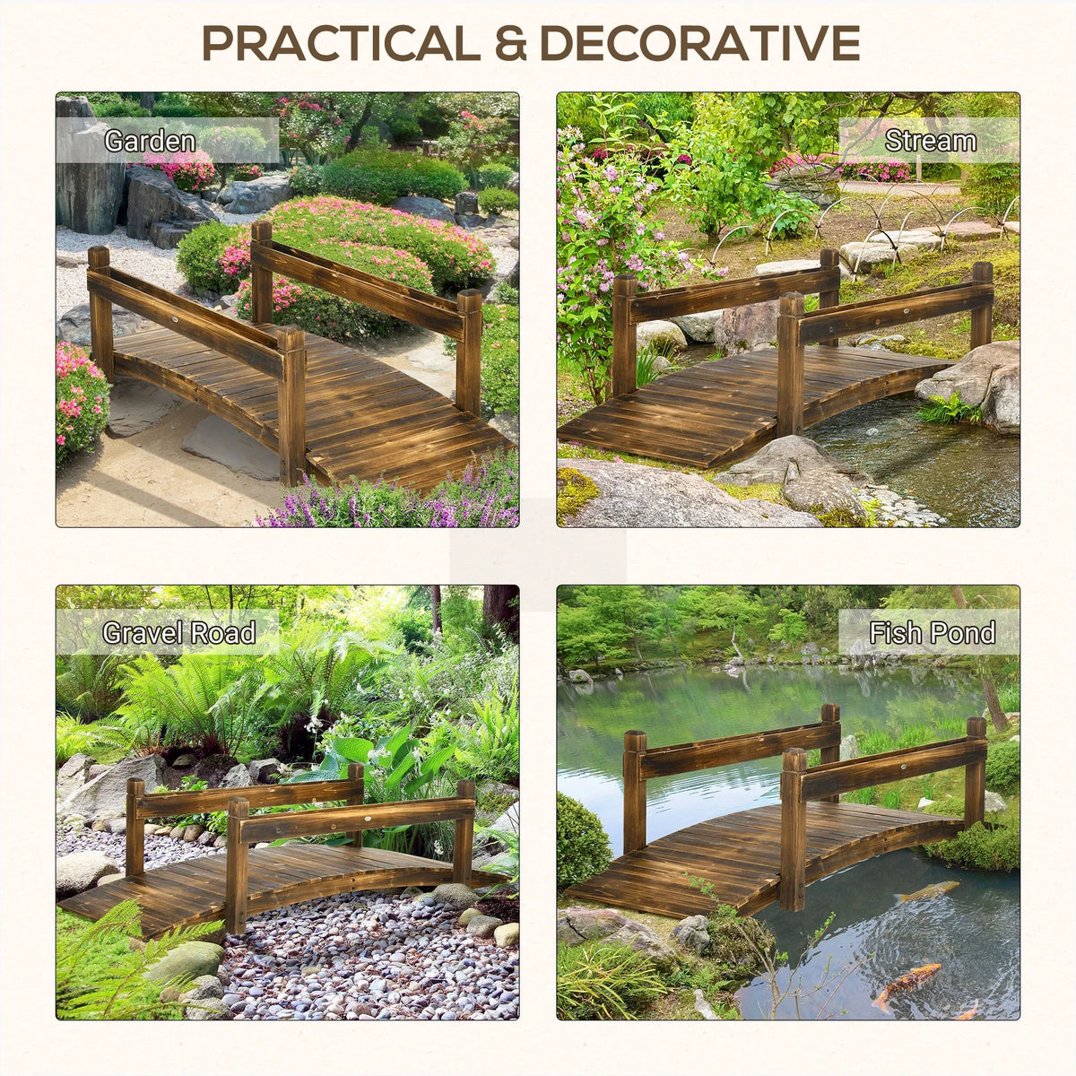 Outsunny Wooden Garden Bridge with Planters, Stained Finish Arc Footbridge