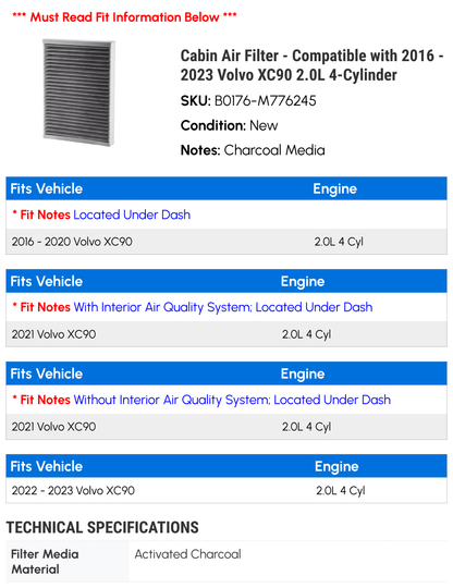 Cabin Air Filter - Compatible with 2016 - 2023 Volvo XC90 2.0L 4-Cylinder 2017 2018 2019 2020 2021 2022