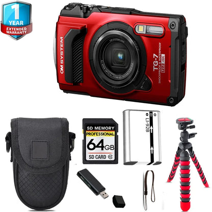 Olympus OM SYSTEM Tough TG-7 Digital Camera (Red) + Tripod + 1 Yr Warranty - 64GB Kit