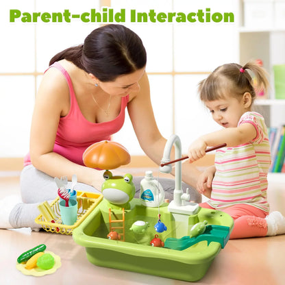 Play Sink with Running Water, Kitchen Sink Toys with Upgraded Electric Faucet, Play Kitchen Toy Accessories, Pool Floating Fishing Toys for Water Play, Kids Role Play Dishwasher Toy