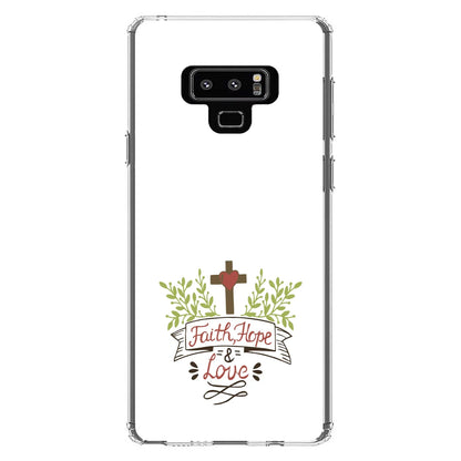 DistinctInk Clear Shockproof Hybrid Case for Samsung Galaxy Note 9 - TPU Bumper, Acrylic Back, Tempered Glass Screen Protector - Faith, Hope & Love - Cross & Leaves