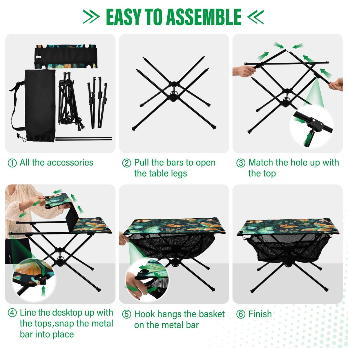 Butterfly Floral Leave Camping Folding Table Portable Beach Table with Storage Bag Compact Picnic Table for Outdoor Travel Fishing BBQ