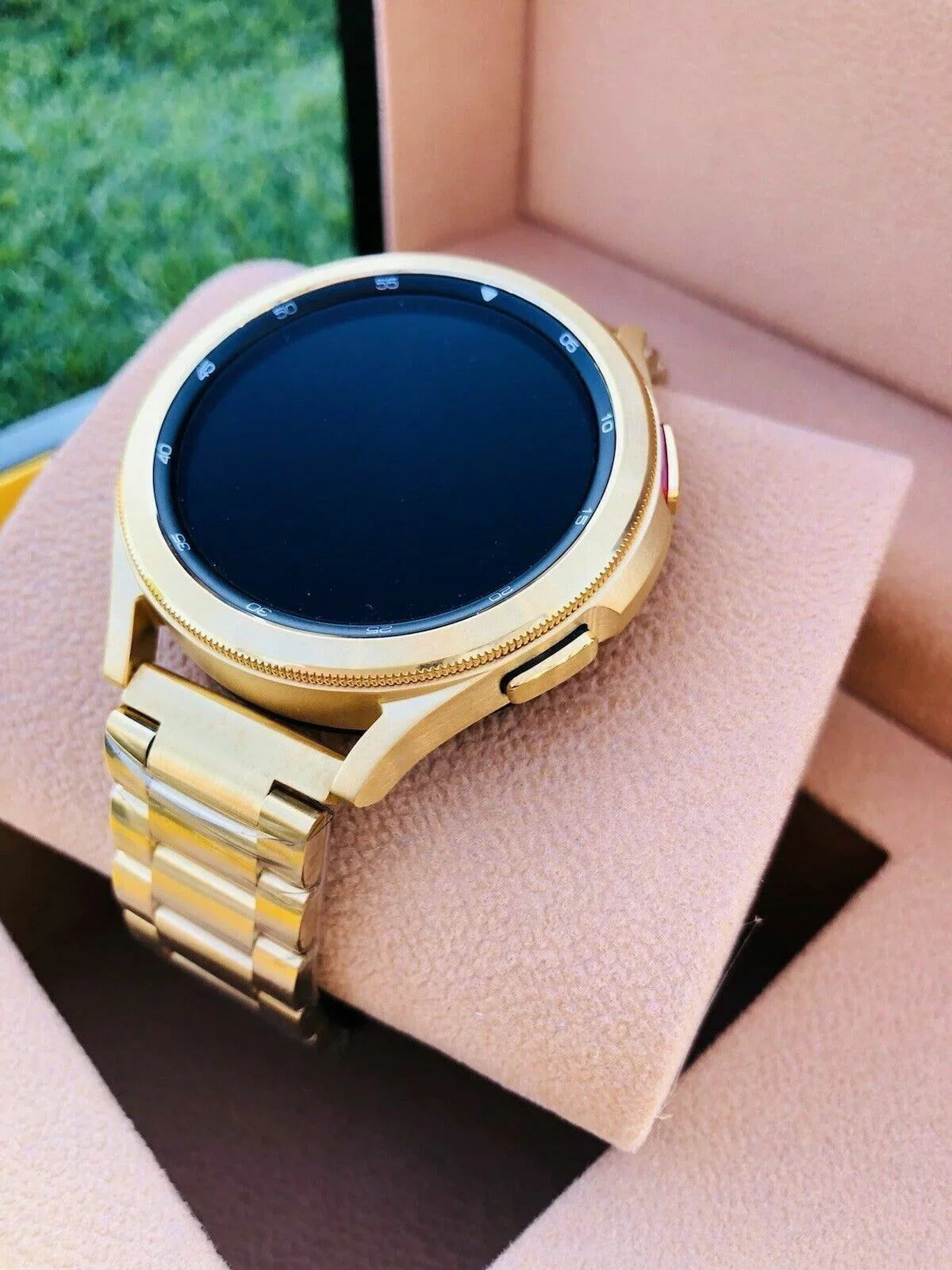 Custom 24k Gold Plated 46mm Samsung Galaxy Watch 4 Gold Bezel Gray Gold Band LTE