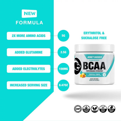 Honey Badger BCAA Amino Acids Electrolytes Powder, Keto, Vegan, Sugar Free BCAAs + EAA with L-Glutamine For Men & Women, Hydration & Post Workout Muscle Recovery Drink Mix, Tropical Punch, 30 Servings