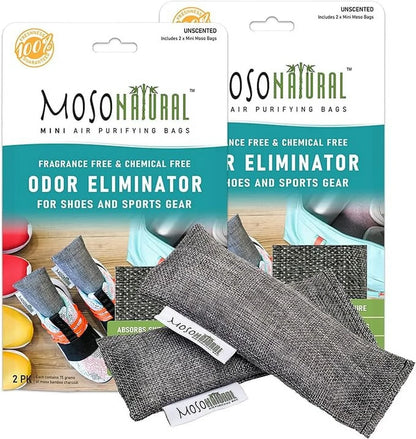 Moso Natural Mini Air Purifying Bags. A Scent Free Odor Eliminator for Shoes, Gym Bags and Sports Gear. Premium Moso Bamboo Charcoal Odor Absorber. (Two Packs of Two 75g Bags) 2 Year Lifespan!