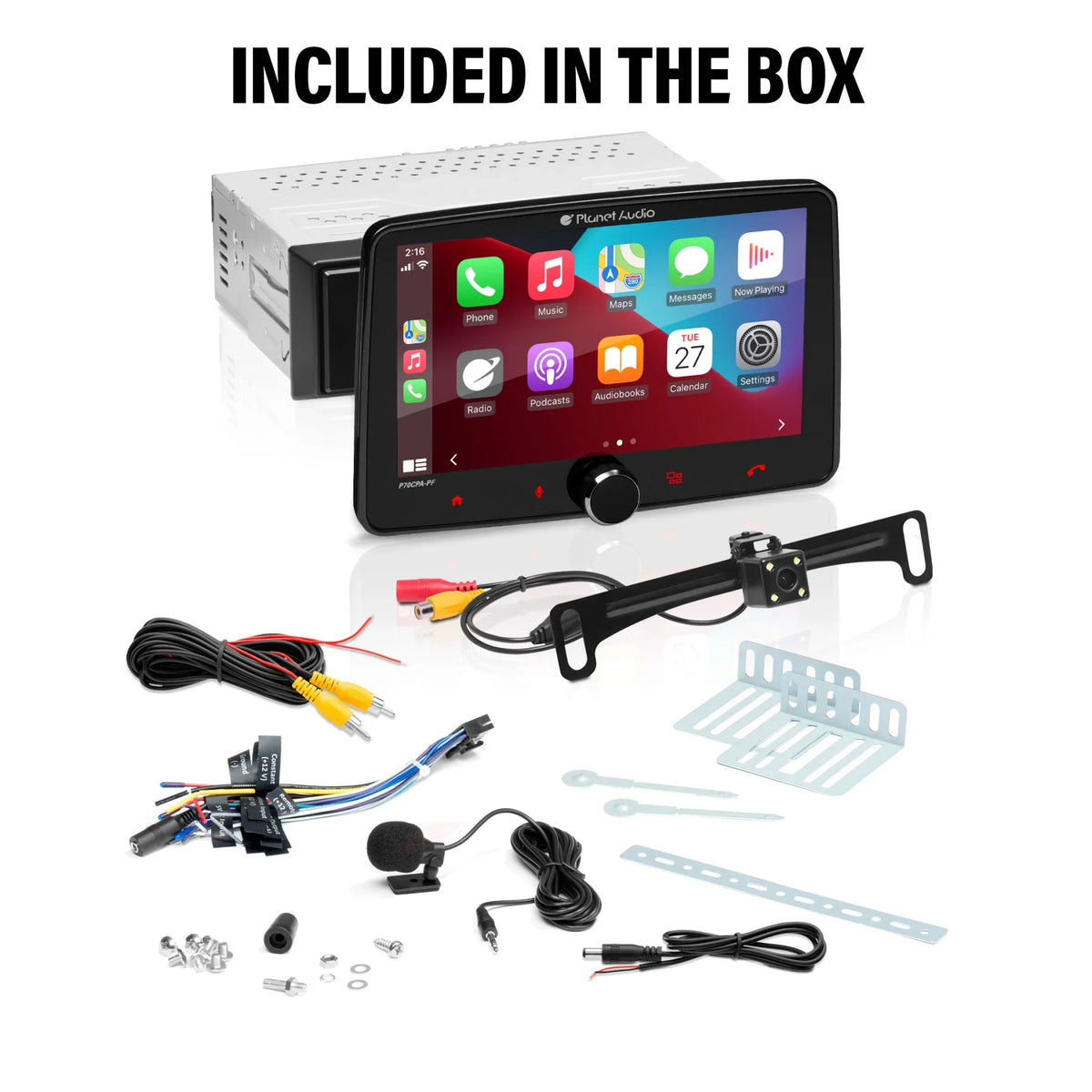 Planet Audio P70CPA-PCF Car Stereo - Apple CarPlay, Android Auto, Single Din, 7 Inch Touchscreen, Bluetooth, No CD DVD Player, AM/FM Radio Receiver, Backup Camera
