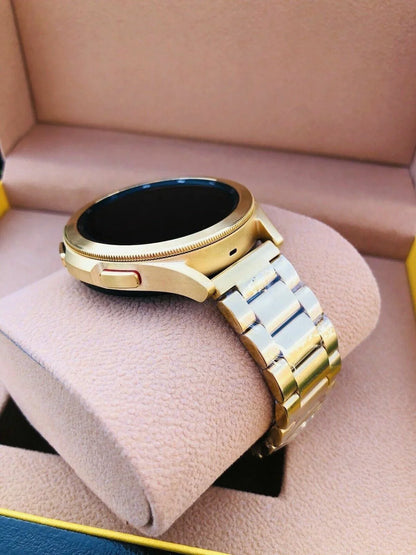 Custom 24k Gold Plated 46mm Samsung Galaxy Watch 4 Gold Bezel Gray Gold Band LTE