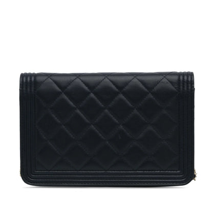 Pre-Owned Authenticated Chanel Boy Wallet On Chain Lambskin Leather Blue Crossbody Bag Unisex (Good)