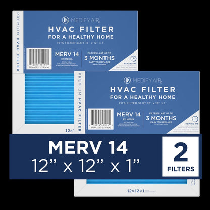 Medify Air 12x12x1 Pleated Filter 95% Particles HEPA Air Cleaning (MERV 14, 2-Pack)