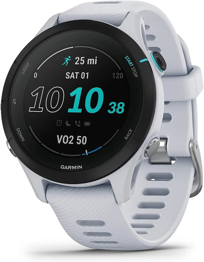 Garmin Forerunner 255S Music, Smaller GPS Running Smartwatch with Music, Advanced Insights, Long-Lasting Battery, Whitestone with Charging Base, Workout Towel, 6Ave Travel & Cleaning Kit