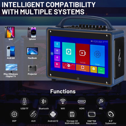 Portable Karaoke Machine Systems Wireless BT Streaming Loudspeaker for Adults&Kid,14”HD Touch Screen/Android 12/4+64G,Support Microphone/WiFi/USB/SD/PC/TV/Phones/HDMI